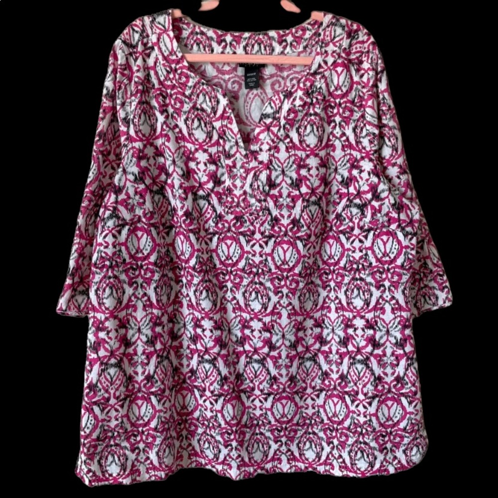 Lane Bryant Linen Blend Ikat Print 3/4 Sleeve Tunic Top Pink White Size 22W 24W